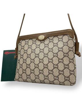 Gucci Plus GG Leather Shoulder Bag Monogram Classic Beige Gray Brown Gold